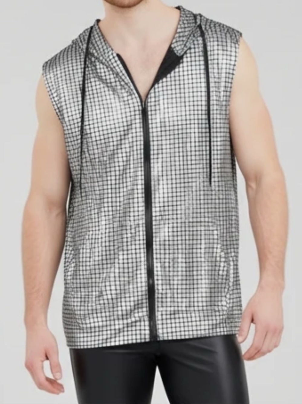 Men's Sleeveless Hooded Metallic Grid Zip Vest - Silver NWOT